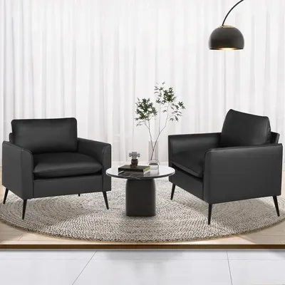 Accent Chairs Set of 2, Black Leather Accent Chair, Comfy Living Room Chair, Cozy Reading Sitting