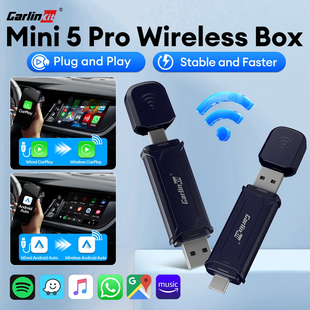 Mini 5 Pro CarlinKit 5.0 Wireless CarPlay &Android Auto Wireless Adapter 2-In-1 Smart Car Box Stable And Fast Connect USB Dongle