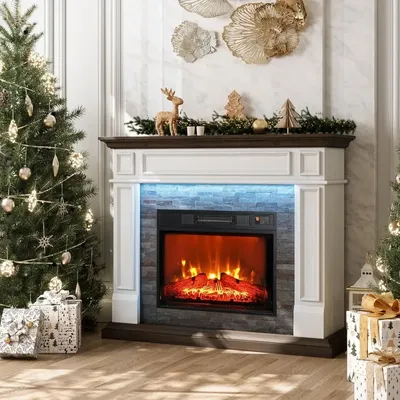 LED Electric Fireplace with Mantel, Portable Freestanding Wood Stove Heater, Realistic 3D Dancing