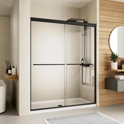 Shower Door, 48" W, Semi-Frameless Dual Sliding Glass, Clear Tempered Glass, Bypass Shower