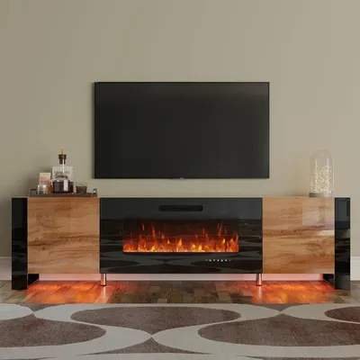 70" Fireplace TV Stand, High Gloss Entertainment Center, Modern Entertainment Stands for TVs Up To