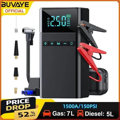 BUVAYE 4 in 1 Jump Starter with Air Compressor 1500A/150PSI Car Power Bank Tire Inflator Tire