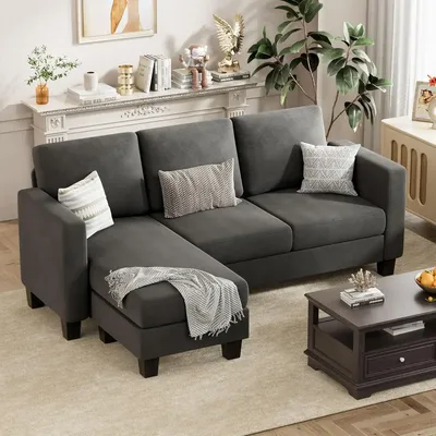 Convertible Sectional Sofa Couch, 3 Seat L-Shaped Sofa with Linen Fabric Ottoman Small Couch for