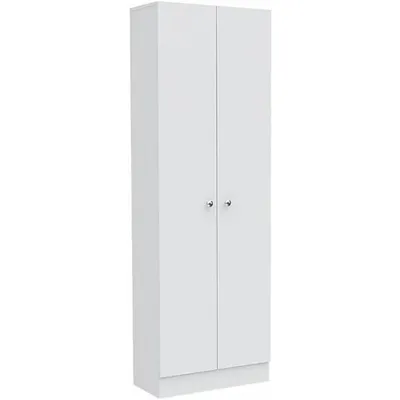 Contemporary Kitchen Tall Utility Storage Pantry Cabinet In White & Light Oak With Metal Handles