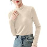 Wyobmus Womens Turtleneck Shirts Long Sleeve Fleece Undershirts Slim Fit Tops Mock Neck Base Layer Tops Beige