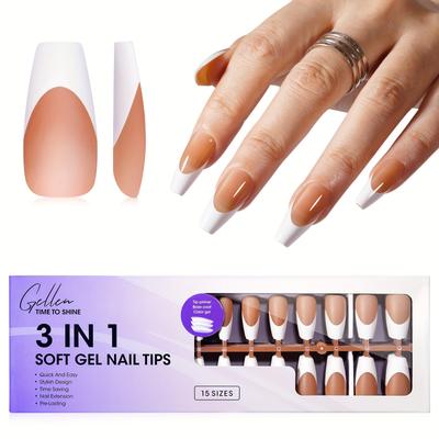 TEMU Gellen French Soft Gel Nail Tips - Medium Coffin White French Tip Press On Nails Brown 15 Sizes, 3in 1 Pre-french Gel Nail Tips 150pcs Full Cover Fake Nails For Art