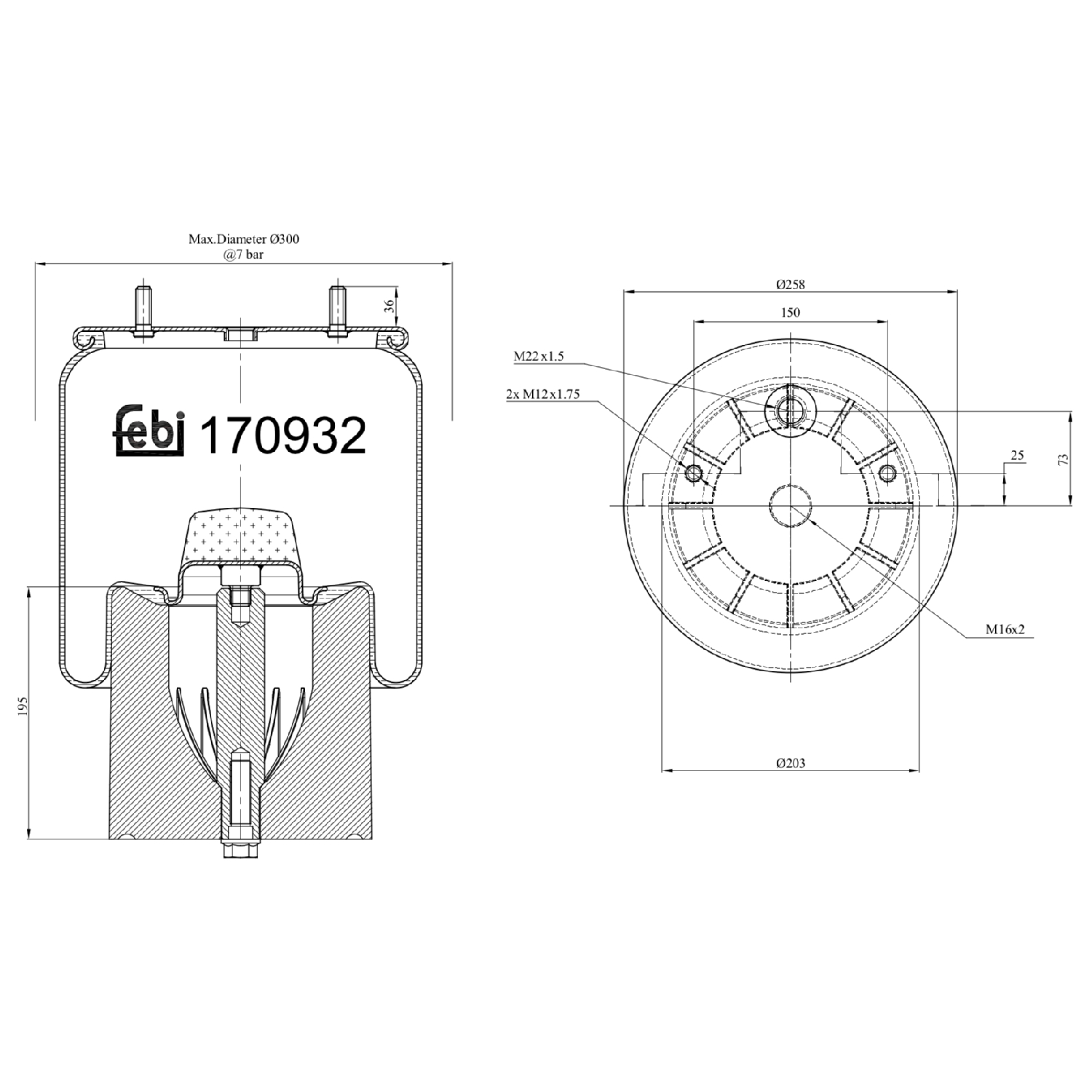 FEBI BILSTEIN Federbalg, Luftfederung 170932 Universal mit Kolben 203mm Image
