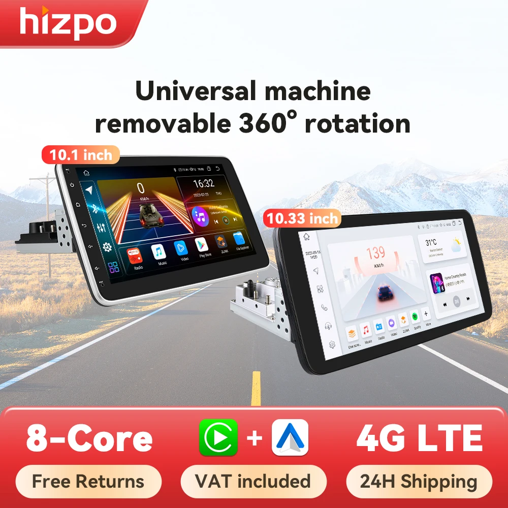 Hizpo Carplay Android Auto Drehbarer Touchscreen Universalradio 1 Din Auto-Multimedia-Player MP5 GPS Autoradio 8 Core 7862S RDS Image