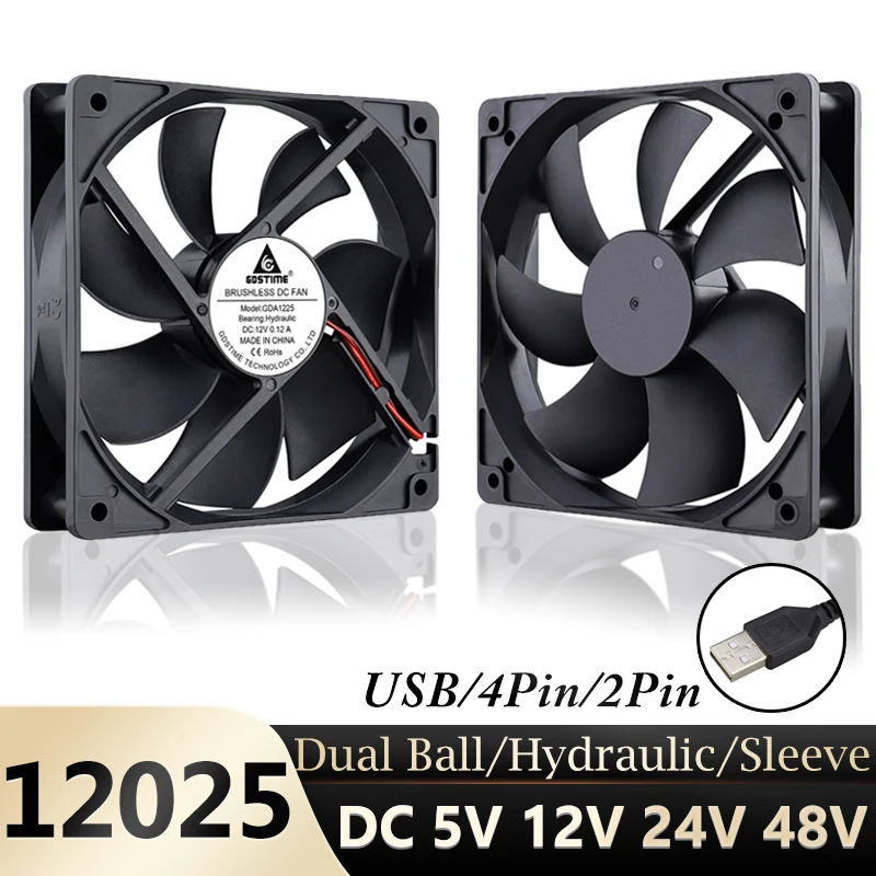 Gdstime 120mm USB Ventola per PC 5V 12V 24V 48V 12cm DC Ventola di raffreddamento senza spazzole 12025 2PIN 3PIN 4PIN Sfera Ventola per case del computer Ventola impermeabile