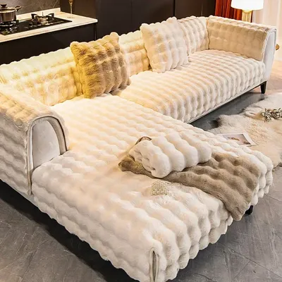New Rabbit Plush Sofa Cushion Winter Couch Cushion Non-slip Leather Sofa Cover Thickening L-shaped Corner Solid Color Sofa Cover