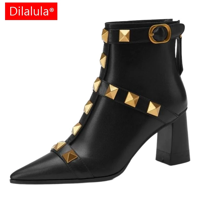 Dilalula Newest Genuine Leather Thick High Heel Rivet Short Boots Autumn Winter Pointed Toe Party Ankle Boots Office Ladies 2025