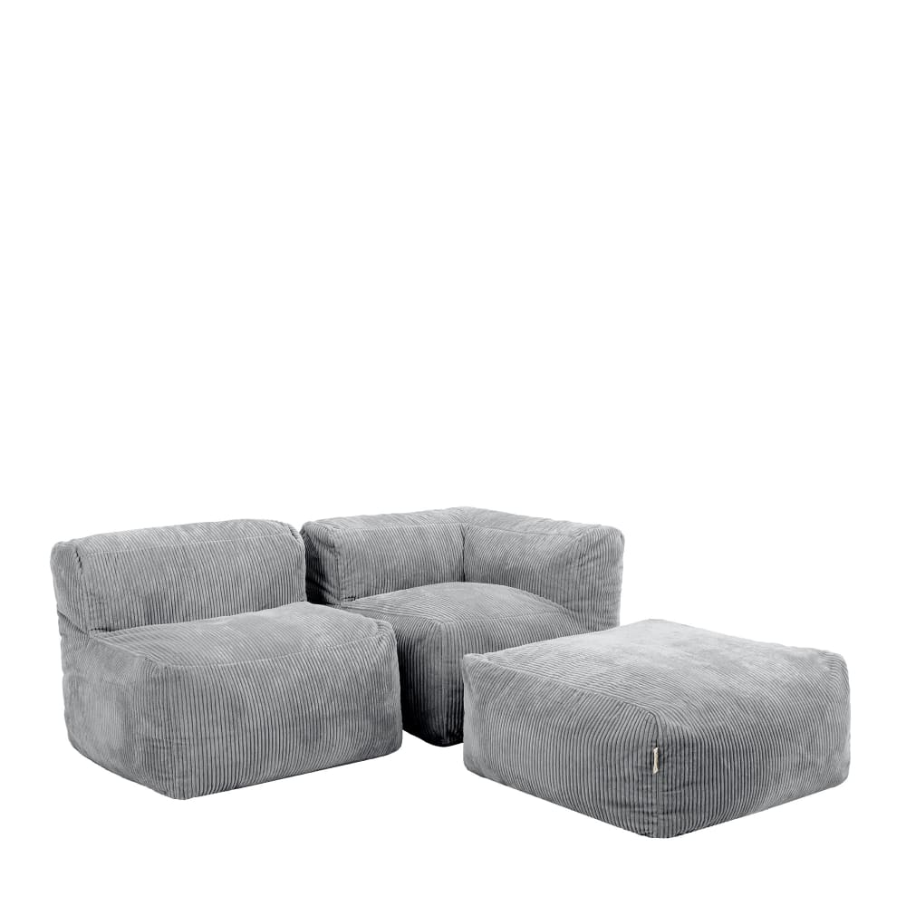 Ensemble canapé poufs 3 pièces : angle, fauteuil et repose-pieds gris