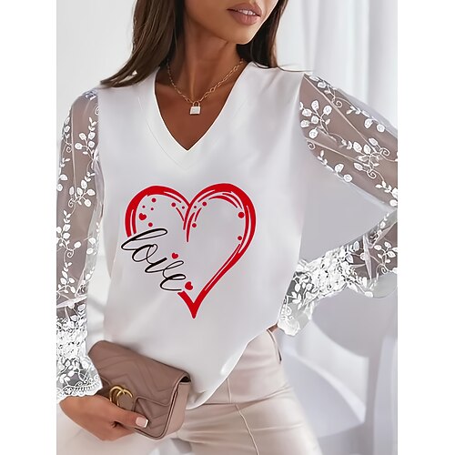 maglietta da donna a forma di cuore con pizzo e cuciture, maglia elegante, moda, patchwork in pizzo, manica a lanterna, manica lunga, top normali, scollo a V, festa, San Valentino