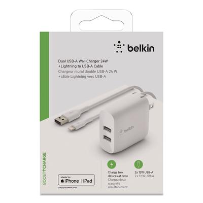 Belkin BOOST CHARGE Dual USB-A Wall Charger + Lightning to USB-A Cable, White (BLKWCD001DQ1MWH) Each Belkin® Adapters/Chargers