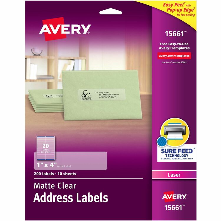 Avery Easy Peel Mailing Labels For Laser Printers, 1 x 4, Clear, 200/Pack (AVE15661) Pack of 200 Avery® Address / Shipping Labels