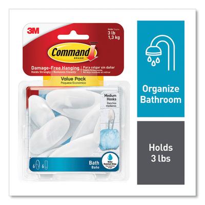 Command Medium Bath Hooks Value Pack, Plastic, White, 3 lb Capacity, 6 Hooks and 6 Strips (MMMBATH186ES) Each Command™ Hangers/Hooks