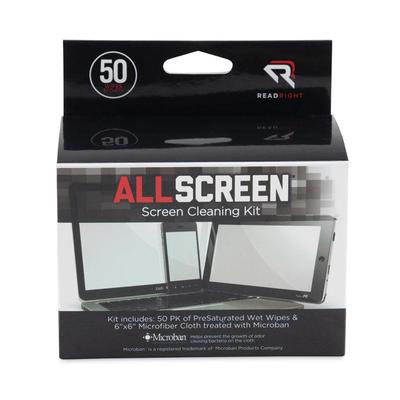 Read Right AllScreen Screen Cleaning Kit, Individually Wrapped Presaturated Wipes, 1 Microfiber Cloth, 5 x 4, Unscented, White, 50/Box (REARR15039) Bo