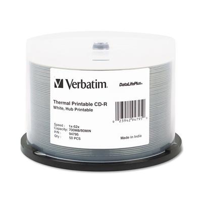 Verbatim CD-R DataLifePlus Printable Recordable Disc, 700 MB/80 min, 52x, Spindle, Hub Printable, White, 50/Pack (VER94795) Pack of 50 Verbatim® CDs/D