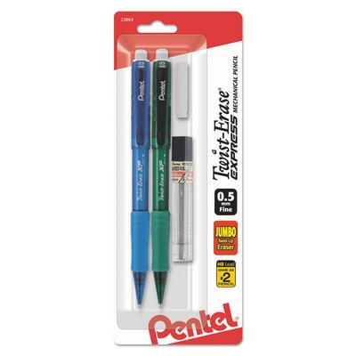 Pentel Twist-Erase EXPRESS Mechanical Pencils with Tube of Leads/Eraser, 0.5 mm, HB (#2), Black Lead, (2) Assorted Barrel Colors (PENQE415LEBP2) Pack