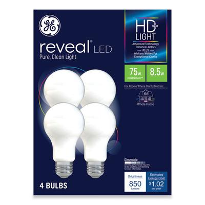 GE Reveal HD+ LED A19 Light Bulb, 8.5 W, 4/Pack (GEL93127795) Pack of 4 Light Bulbs