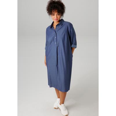 Jeanskleid ANISTON PLUS, Damen, Gr. 46, N-Gr, blau (jeansblau), Web, Obermaterial: 100% Baumwolle, unifarben, modisch, figurumspielend knieumspielend, 3/4-Ärmel Krempelärmel, Kleider, mit Hemdkragen Image