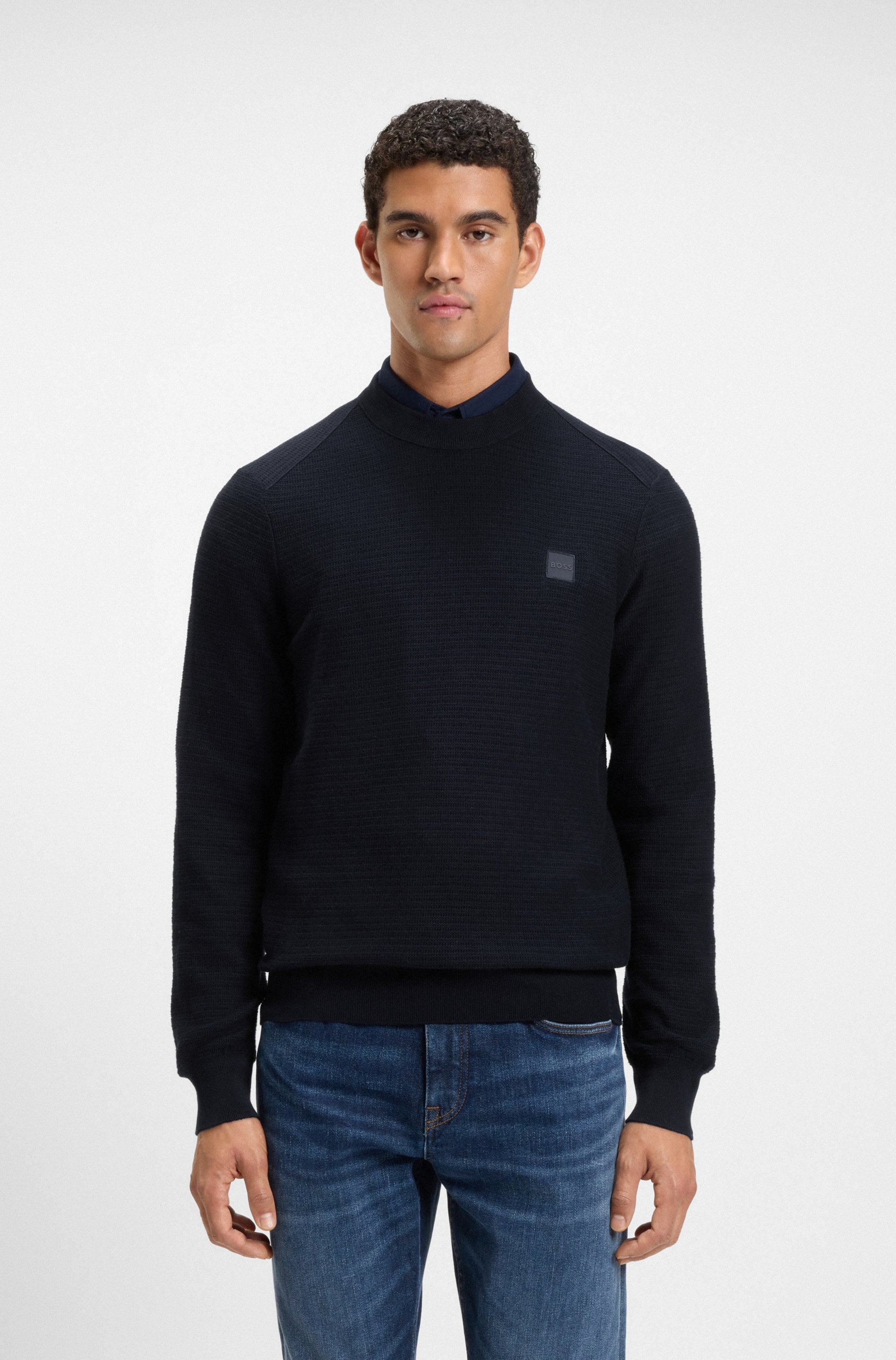 Strickpullover BOSS ORANGE "Anion", Damen, Gr. M, blau (dunkelblau404), Strick, Obermaterial: 95% Baumwolle, 5% Kaschmir, unifarben, regular fit normal, Rundhals, eingesetzt Bündchen, Pullover Strickpullover, Rundhalsausschnitt, Regular Fit, BOSS-Label