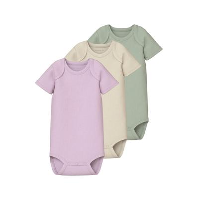 Kurzarmbody NAME IT "NBNBODY 3P SS SOLID RIB NOOS", Baby, Gr. 80, N-Gr, rosa (winsome orchid), Sweatware, Obermaterial: 100% Baumwolle, unifarben, casual, regular fit, Rundhals, Langarm, Bodies Image