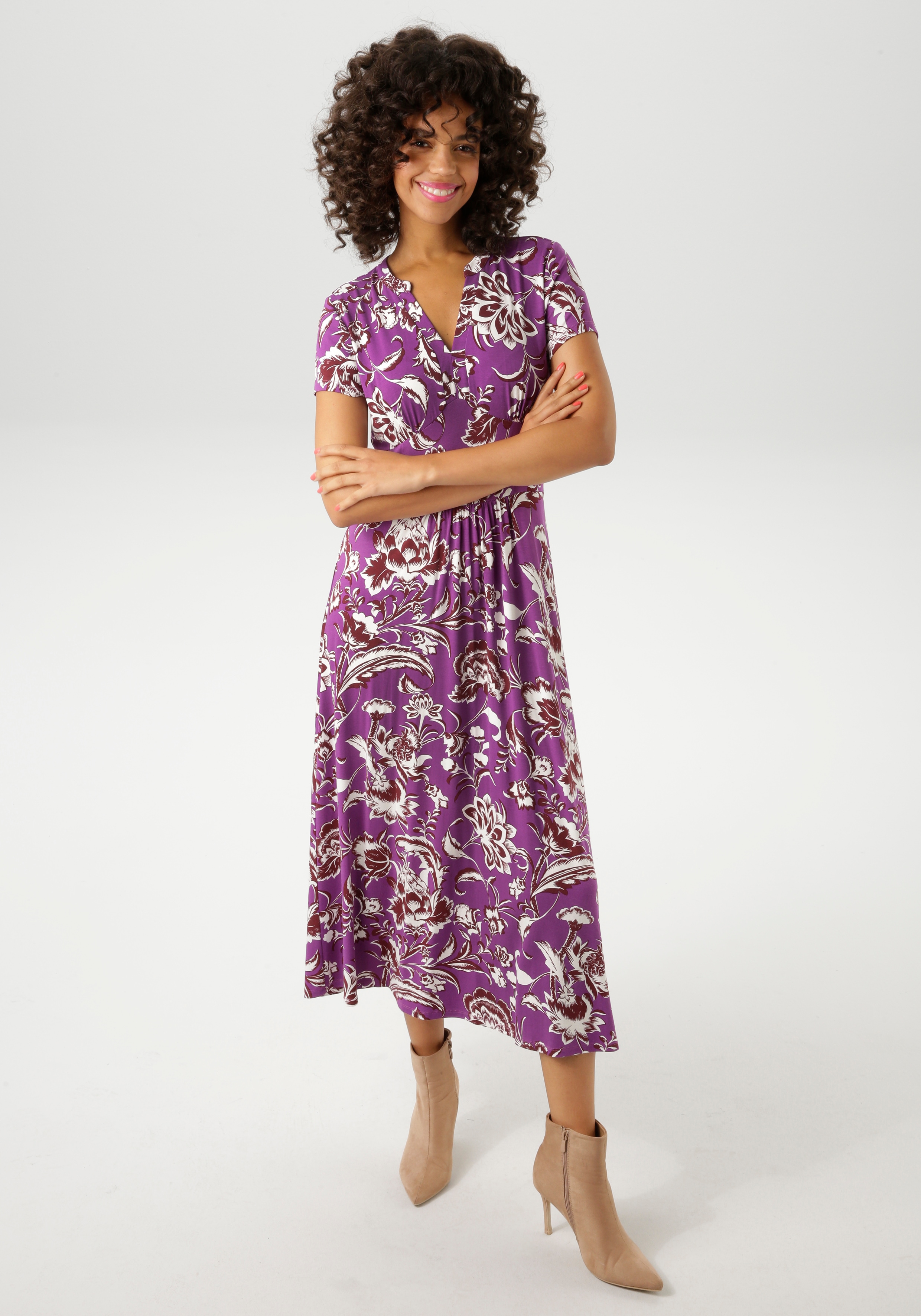 Sommerkleid ANISTON CASUAL, Damen, Gr. 42, N-Gr, lila (lila, wollweiß, braun), Single Jersey, Obermaterial: 95% Viskose, 5% Elasthan, bedruckt, geblümt, figurumspielend wadenlang, V-Ausschnitt, Kleider Sommerkleid, mit großflächigem Blumendruck