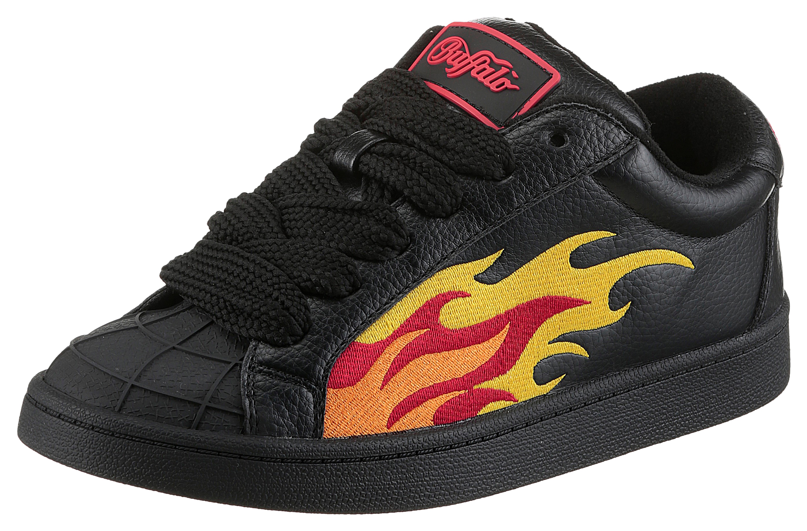 Sneaker BUFFALO "LIBERTY", Damen, Gr. 36, schwarz (schwarz, orange), Lederimitat, kontrastfarbene Details, Schuhe Sneaker, Freizeitschuh, Schnürschuh, Halbschuh mit trendigem Flammenmotiv