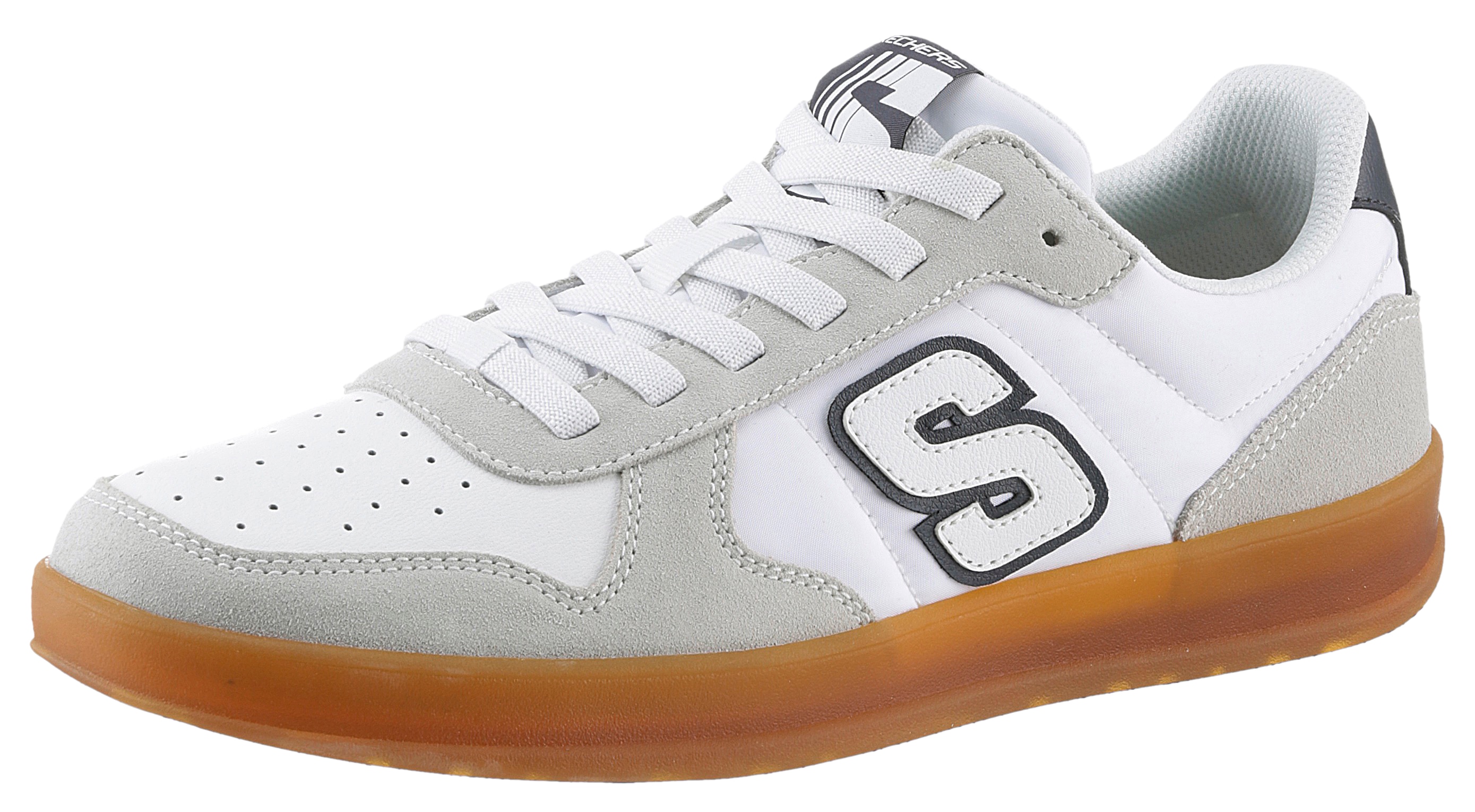 Slip-On Sneaker SKECHERS "NEW WAVE CUP-CALVEN", Herren, Gr. 46, beige (sanftes weiß, beige), Lederimitat, Textil, Veloursleder, Schuhe, Retro Sneaker, Schnürschuh mit Gummizug