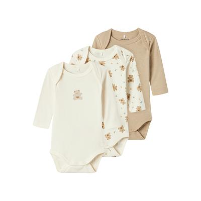 Body NAME IT "NBNBODY 3P LS JET STREAM BEAR NOOS", Baby, Gr. 74, N-Gr, grün (jet stream), Sweatware, Obermaterial: 100% Baumwolle, casual, Langarm, Bodies Image