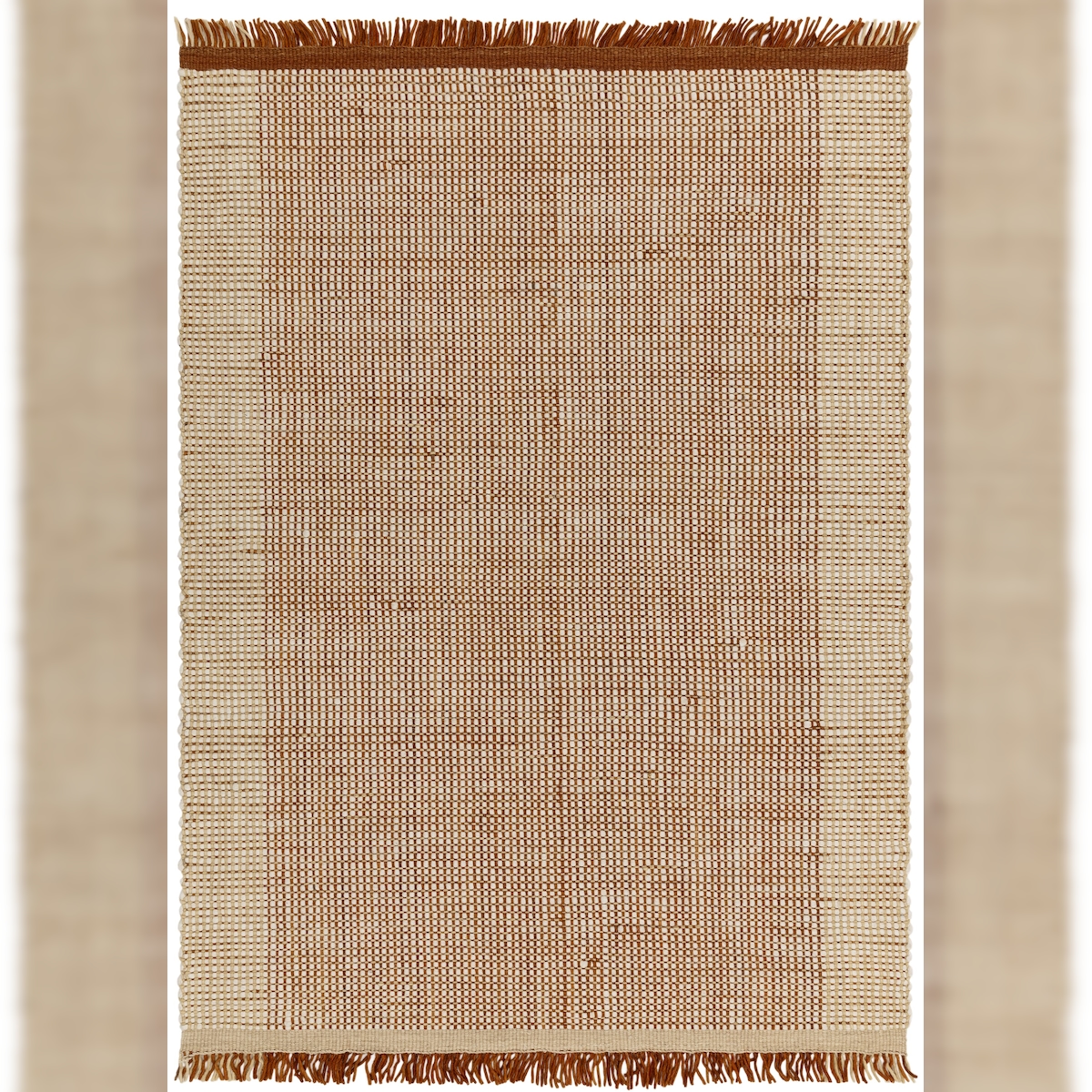 Wollteppich Handgewebt Korbmuster | 200x290cm, 4mm Florhöhe, 14mm Gesamthöhe | Terrakotta | Mit Fransen | Gemütlich | PISA Kollektion | Kadima Design Image