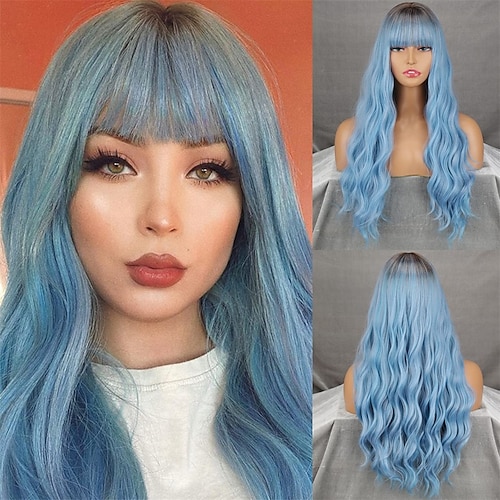 lange dunkelgrüne perücke mit pony ombre lockige grüne perücke für damenlange dunkelgrüne cosplay perücke synthetisch natürlich aussehend für den alltag und party weihnachtsfeier perücken Image