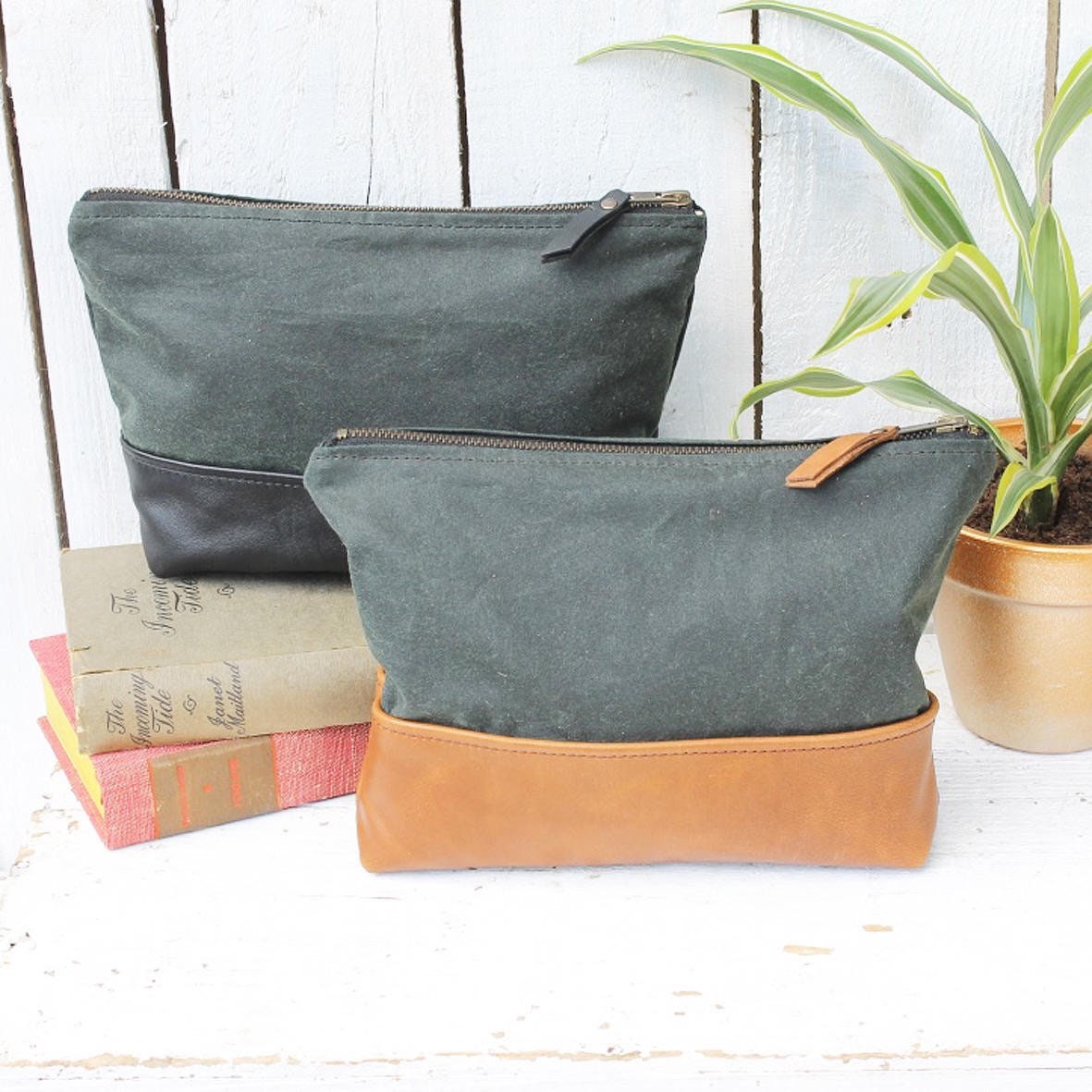 Borsa da viaggio in cotone cerato e pelle con fodera impermeabile, ottima borsa da viaggio, beauty case, beauty case, regalo per uomo o donna, unisex