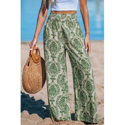 Green Damask Wide Leg Pants