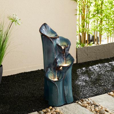 Glitzhome 31.75"H 4-Tier LED Vase-Shaped Ceramic Outdoor Floor Fountain with Birds/ Lotus