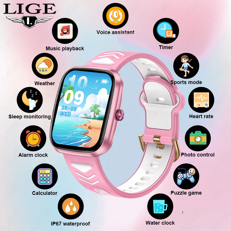 LIGE 2024 Neue Kinder-Smartwatch, 1,75 Zoll, HD, Bluetooth-Anruf, Kinder-Smartwatch, Sport-Gesundheitsüberwachung, wasserdichte Uhr für Jungen und Mädchen Image