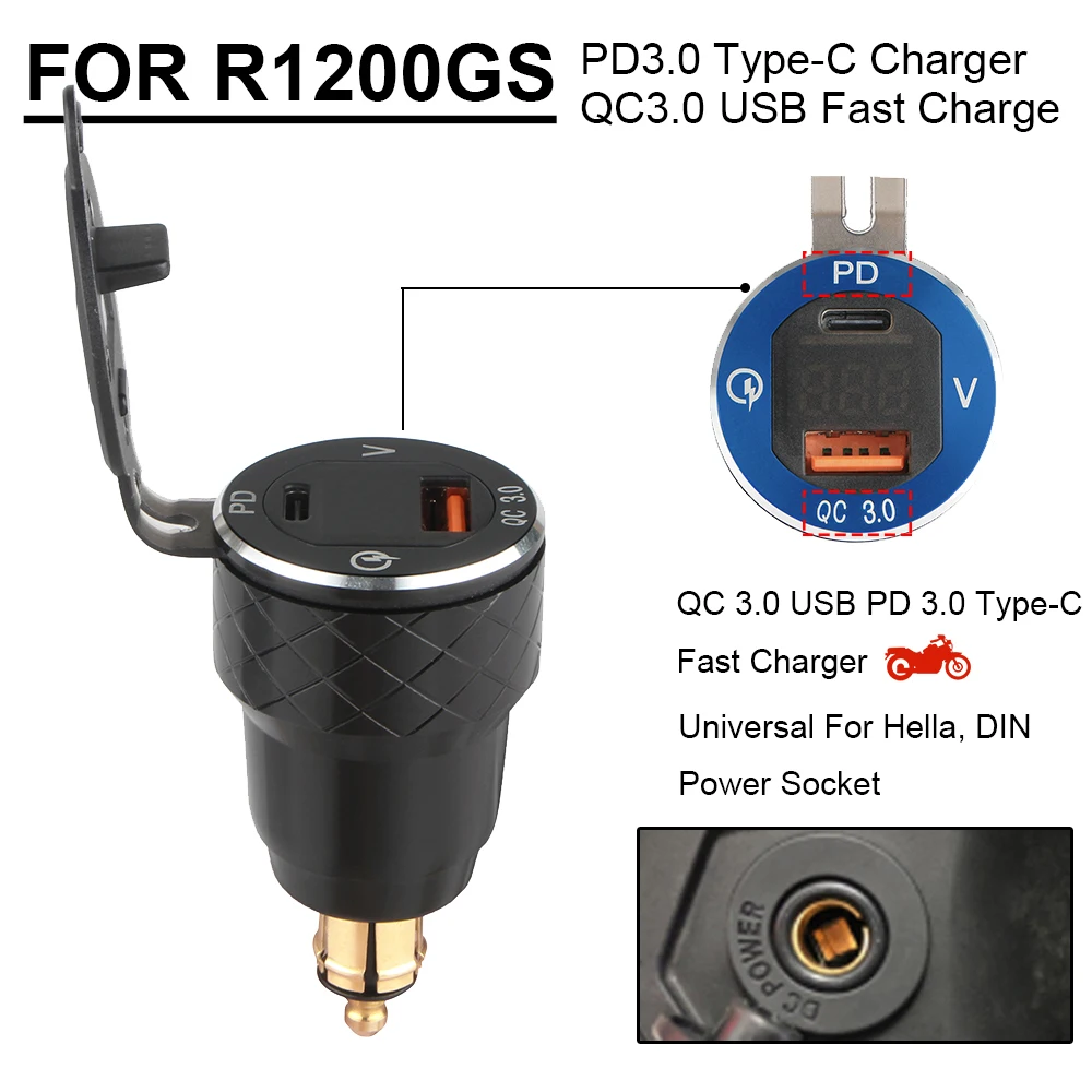 QC3.0 USB R1200GS PD Type-C caricabatterie Hella DIN Plug Socket adattatore LED di alimentazione per BMW per BMW R1250GS S1000XR F900R F800GS R1300GS
