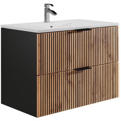 Waschbeckenunterschrank hängend mit Einbauwaschbecken - Holzfarben hell & Schwarz - 80 cm - MADELA