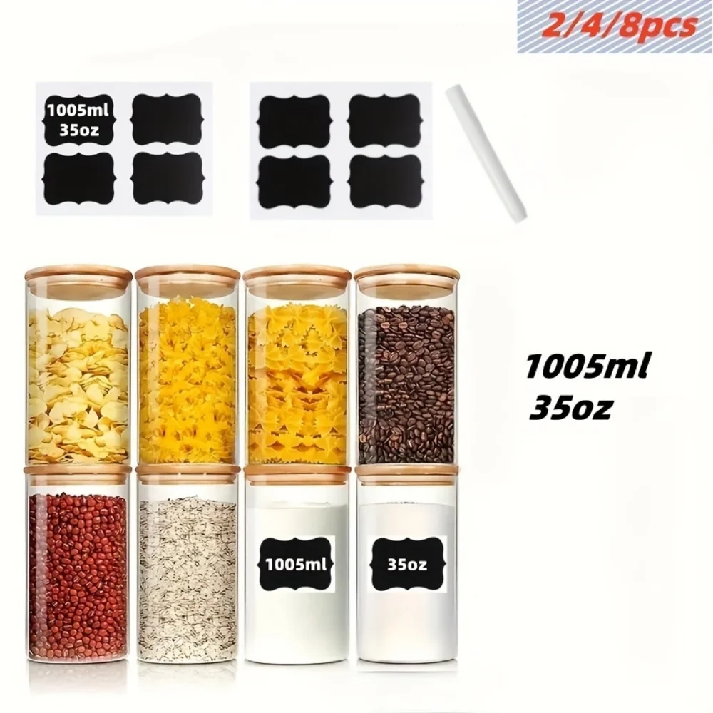 Récipient de stockage en verre de 35oz, bocal en verre avec couvercle en bambou, ensemble de 2/4/8 pots en verre de stockage des aliments, boîte de stockage des aliments, adapté aux pots à épices de