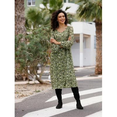 A-Linien-Kleid INSPIRATIONEN "Mesh-Kleid", Damen, Gr. 42, Normalgrößen, beige (schilf, bedruckt), 96% Polyester, 4% Elasthan, geblümt, gemustert, mehrfarbig, bedruckt, knielang, V-Ausschnitt, Langarm, Kleider Image