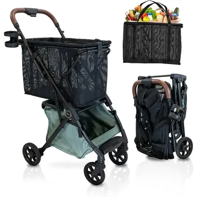 Folding Shopping Cart On Premium Wheels–Removable Shopping Bag with Carry Strap & Lower Grocery