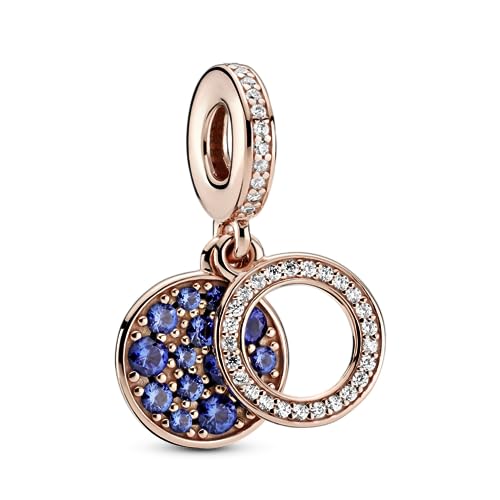 PANDORA Sparkling Blue Disc Double Charm Pendant with Cubic Zirconia in 14K Rose Gold Plated Alloy Moments Collection, 11mm, Rose Gold, Cubic Zirconia