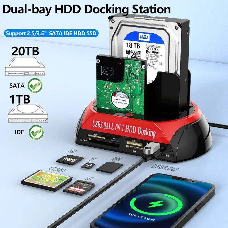 10-in-1-Dual-Bay-Festplattenstation SATA IDE HDD-Dockingstation mit 12 V Netzteil für 2,5/3,5 Zoll HDD/SSD TF-Karte Image