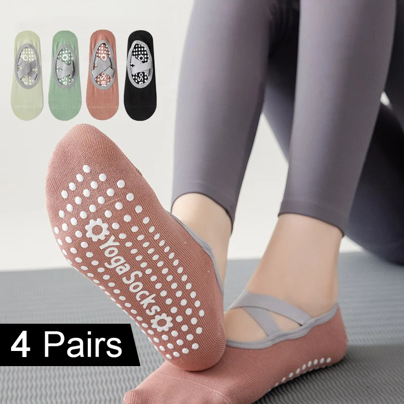 4 Paar atmungsaktive Handtuch-Unterseite, Yoga-Socken für Damen, Silikon, rutschfeste Bandage, Pilates-Socken, Ballett, Tanz, Fitnessstudio, Workout, Baumwollsocken Image