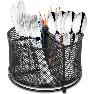 360°Rotating Utensil Caddy Kitchen Utensil Holder 6.7×6.7×5.1 Inch Metal Utensil Organizer 4-Compartment Metal Utensil Caddy
