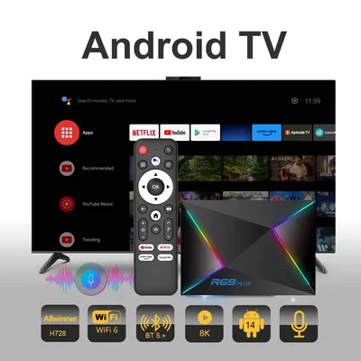 Neueste R69Plus Android 14 BT5.+ Voice-TV-Box 4 GB 64 GB Allwinner H728 Octa-Core 8K HD 1000M LAN Wifi6 Smart-Streaming-Set-Top-Box