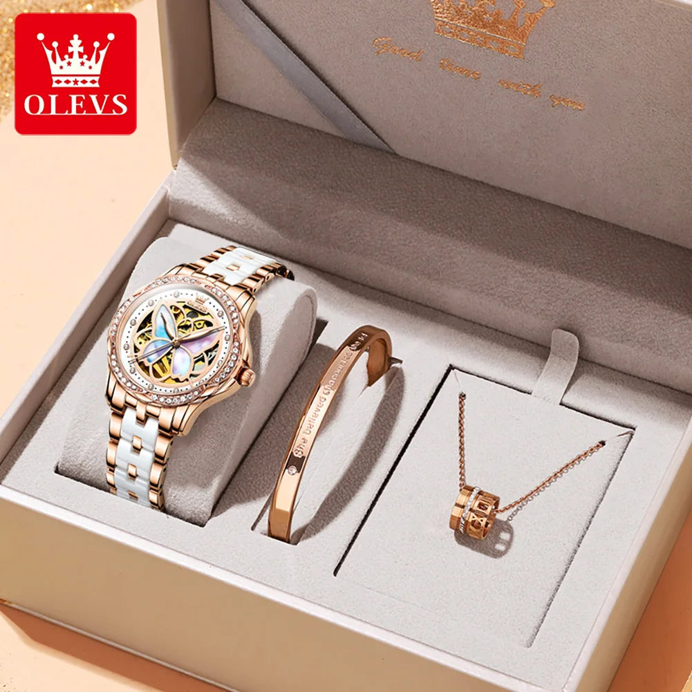 OLEVS 6615 Uhren für Damen, automatische mechanische Armbanduhren, elegante Luxus-Damenuhr-Sets mit Diamant-Skelett-Schmetterlings-Zifferblatt Image