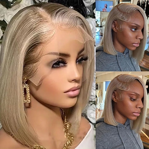 Remy Menschenhaar 5x5 Verschluss 13x4 Spitzenfront Perücke Kurzer Bob Brasilianisches Haar Wellen Blond Perücke 130% 150% Haardichte mit Babyhaar 100% Jungfrau Leimlos Vorgerupft Für Damen Lang Image