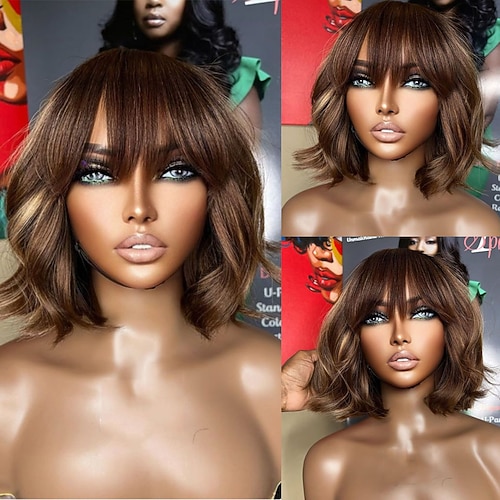 Echthaar 5x5 Verschluss 13x4 Spitzenfront Perücke Kurzer Bob Mit Pony Brasilianisches Haar Wellen Braun Mehrfarbig Perücke 130% 150% Haardichte Strähnchen / Balayage-Technik Leimlos Vorgerupft Für Image